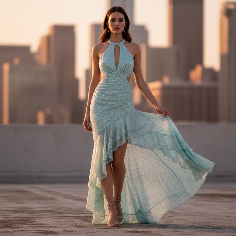 NWT $368 Ieena for Mac Duggal sequin Cocktail Dress size 8 aqua